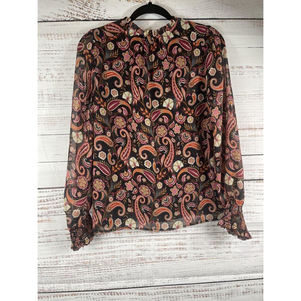 LOFT Blouse Women's Size MP Black Paisley Ruffle V Neck Long Sleeve Sheer Lined - Picture 10 of 11